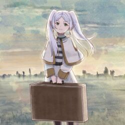 Rule 34 | 1girl, capelet, closed mouth, dangle earrings, dress, earrings, elf, frieren, green eyes, holding, holding suitcase, horizon, jewelry, long hair, looking at viewer, outdoors, pointy ears, ryo taton, sky, solo, sousou no frieren, standing, suitcase, twintails, white capelet, white dress, white hair