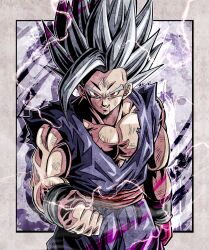 Rule 34 | 1boy, blood, blood from mouth, clenched hand, commentary, cowboy shot, dougi, dragon ball, dragon ball super, dragon ball super super hero, electricity, gohan beast, grey hair, highres, long hair, male focus, muscular, muscular male, pants, purple pants, purple shirt, red eyes, red sash, sash, shirt, single bang, smirk, solo, son gohan, spiked, ushi (akabec0), v-neck