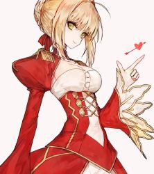 Rule 34 | &gt;:&gt;, 10s, 1girl, :&gt;, ahoge, arrow (projectile), arrow through heart, bad id, bad twitter id, blonde hair, braid, breasts, check commentary, cleavage, cleavage cutout, closed mouth, clothing cutout, commentary request, dress, epaulettes, fate/extra, fate (series), from side, green eyes, hair bun, hair ribbon, heart, juliet sleeves, long sleeves, looking at viewer, medium breasts, mo (mocopo), nero claudius (fate), nero claudius (fate) (all), nero claudius (fate/extra), pink background, puffy sleeves, red dress, red ribbon, ribbon, simple background, single hair bun, smile, solo, standing, v-shaped eyebrows