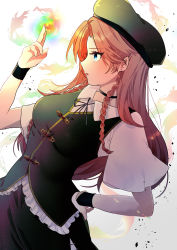 Rule 34 | 1girl, absurdres, arm up, aura, beret, braid, breasts, chinese clothes, closed mouth, commentary request, dress, eyelashes, feet out of frame, gold trim, green dress, green hat, hair ribbon, hand on own hip, hat, hat ornament, highres, hong meiling, index finger raised, looking at viewer, looking to the side, medium breasts, necono (nyu6poko), one-hour drawing challenge, open mouth, parted bangs, puffy short sleeves, puffy sleeves, red hair, ribbon, serious, short sleeves, sidelocks, simple background, solo, standing, star (symbol), star hat ornament, touhou, tress ribbon, twin braids, upper body, wristband