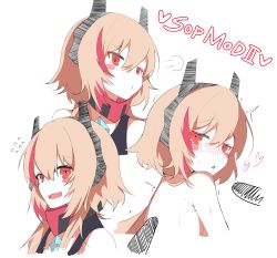 Rule 34 | 1girl, absurdres, bandana, bare arms, bare shoulders, black tank top, blush, breasts, commentary request, fang, flustered, girls&#039; frontline, gloves, hair between eyes, headgear, highres, long hair, looking at viewer, m4 sopmod ii (girls&#039; frontline), multicolored hair, multiple views, nyang meow, open mouth, pink hair, pout, red eyes, red hair, streaked hair, tank top, tsundere
