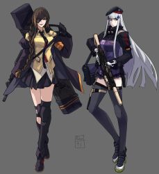 Rule 34 | 2girls, assault rifle, bag, beret, black gloves, boots, braid, braided ponytail, brown hair, case, collared shirt, directed-energy weapon, energy cannon, energy gun, energy weapon, eyepatch, facial mark, full body, girls&#039; frontline, gloves, green eyes, gun, h&amp;k hk416, hair ornament, hairclip, hat, high heel boots, high heels, highres, hime cut, hk416 (girls&#039; frontline), holding, holding gun, holding weapon, jacket, kamuify, knee brace, knee pads, long hair, looking at viewer, m16, m16a1, m16a1 (girls&#039; frontline), magnetic weapon, mole, mole under eye, multicolored clothes, multicolored hair, multicolored jacket, multiple girls, necktie, particle-beam weapon, particle cannon case, pleated skirt, rifle, scar, scar across eye, scar on face, shirt, shoulder bag, shoulder strap, silver hair, skirt, strap pull, streaked hair, thighhighs, two-tone jacket, weapon, weapon case, white gloves, zettai ryouiki