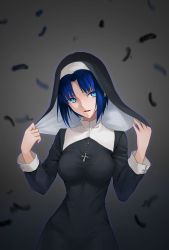 Rule 34 | 1girl, black feathers, blue eyes, blue hair, breasts, ciel (tsukihime), cowboy shot, cross, feathers, gradient background, grey background, habit, highres, long sleeves, looking to the side, medium breasts, nun, oceanbellereine, open mouth, rosary, short hair, sidelocks, solo, standing, traditional nun, tsukihime