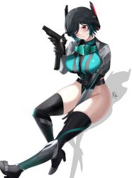 Rule 34 | 1girl, absurdres, aqua hair, belt, black hair, black thighhighs, boots, borrowed character, breasts, commission, cropped jacket, elbow gloves, gloves, gradient hair, gun, hair over one eye, headgear, high heels, highleg, highleg leotard, highres, holding, holding gun, holding weapon, jacket, large breasts, leotard, looking at viewer, multicolored hair, original, red eyes, reiei 8, shiny skin, short hair, simple background, skindentation, smile, solo, thighhighs, thighs, weapon, white background