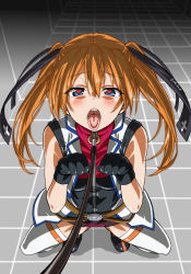 Rule 34 | 1girl, black gloves, blue eyes, blush, from above, gloves, hair ribbon, heart, heart-shaped pupils, highres, leash, long hair, looking at viewer, looking up, lyrical nanoha, mahou shoujo lyrical nanoha strikers, open mouth, orange hair, paw pose, ribbon, sleeveless, solo, symbol-shaped pupils, teana lanster, thighhighs, tongue, tongue out, twintails, white thighhighs, yuukami (wittsu)
