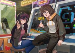 Rule 34 | 2girls, arcade, arcade cabinet, black-framed eyewear, black footwear, black hair, black jacket, blush, breasts, brown hair, bubble bobble, capcom, commission, denim, glasses, grin, hat, highres, hongcasso, hood, hoodie, jacket, jeans, large breasts, long hair, long sleeves, looking at another, multiple girls, open mouth, original, pants, parted lips, purple eyes, rectangular eyewear, round eyewear, shoes, short hair, sitting, smile, sneakers, stool, street fighter, taito, teeth, v