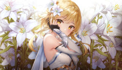 Rule 34 | 1girl, backlighting, bare shoulders, black gloves, blonde hair, blush, breasts, brown eyes, commentary request, covered mouth, detached sleeves, dress, field, flower, flower field, genshin impact, gloves, grey sleeves, hair flower, hair ornament, hand in own hair, hand up, lily (flower), long hair, long sleeves, lumine (genshin impact), lunacle, partially fingerless gloves, sleeveless, sleeveless dress, small breasts, solo, upper body, vambraces, white background, white dress