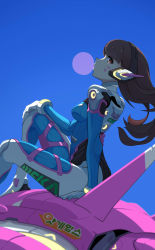Rule 34 | 1girl, arm at side, arm support, armor, blue sky, bodysuit, boots, breasts, brown eyes, brown hair, blowing bubbles, character name, chewing gum, d.va (overwatch), day, eyebrows, facepaint, facial mark, from side, gloves, hand on own knee, headphones, high collar, highres, kentsdesign, long hair, looking at viewer, mecha, meka (overwatch), overwatch, overwatch 1, pilot suit, robot, shoulder pads, sitting, skin tight, sky, small breasts, solo, thigh boots, thighhighs, turtleneck, whisker markings, white footwear, white gloves