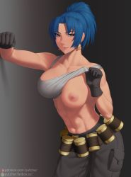 Rule 34 | 1girl, abs, adjusting clothes, bad id, bad pixiv id, bare shoulders, belt, biceps, black gloves, blue eyes, blue hair, breasts, collarbone, earrings, gas can, gloves, highres, jewelry, large breasts, leona heidern, midriff, muscular, muscular female, nipples, one breast out, pants, ponytail, pouch, putcher, simple background, sleeveless, smile, solo, standing, tank top, the king of fighters, the king of fighters xv, triangle earrings, watermark, web address, white tank top