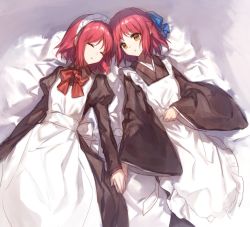 Rule 34 | 2girls, apron, bed, bed sheet, bow, chocoan, closed eyes, hair ribbon, hisui (tsukihime), holding hands, japanese clothes, juliet sleeves, kimono, kohaku (tsukihime), long sleeves, lying, maid, maid apron, maid headdress, mixed maids, multiple girls, on back, parted lips, puffy sleeves, red hair, ribbon, sash, short hair, siblings, simple background, sisters, smile, tsukihime, twins, type-moon, wa maid, yellow eyes