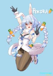 Rule 34 | 1girl, animal ear fluff, arm up, artist name, black gloves, blue background, blue hair, blush, bow, braid, breasts, bridal garter, brown pantyhose, carrot print, don-chan (usada pekora), double v, dress, food in pocket, food on hair, food print, footwear bow, full body, fur-trimmed gloves, fur-trimmed jacket, fur trim, gloves, hand up, hololive, jacket, jumping, legwear garter, leotard, looking at viewer, multicolored hair, open mouth, pantyhose, pennylessmac, pom pom (clothes), rabbit girl, rabbit tail, red eyes, ribbon-trimmed garter, shoes, simple background, single legwear garter, small breasts, solo, twin braids, twintails, two-tone hair, usada pekora, usada pekora (1st costume), v, virtual youtuber, white dress