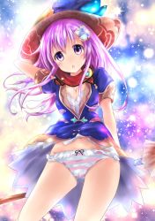 Rule 34 | 1girl, blush, four goddesses online: cyber dimension neptune, hair ornament, hat, long hair, looking at viewer, nepgear, neptune (series), niche-tan, panties, purple eyes, purple hair, solo, striped clothes, striped panties, underwear, witch hat
