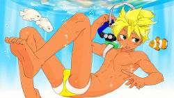 Rule 34 | 1boy, bad id, bad pixiv id, barefoot, blonde hair, bubble, bulge, clownfish, fish, foot out of frame, from side, green eyes, highres, joshitsu (zion16wh), kagamine len, looking at viewer, looking to the side, male focus, male swimwear, multicolored clothes, multicolored male swimwear, multicolored swim briefs, multicolored swimsuit, ocean, open mouth, outdoors, pectorals, smile, snorkel, solo, swim briefs, swimsuit, topless male, underwater, vocaloid, water, white male swimwear, white swim briefs, yellow male swimwear, yellow swim briefs