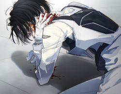 Rule 34 | 1boy, aam09212, armor, black hair, blood, blood on hands, bloody wings, commentary request, fenix uniform, floor, gloves, igarashi daiji, injury, kamen rider, kamen rider revice, looking back, male focus, military, military uniform, on ground, slit throat, spoilers, tile floor, tiles, uniform, white gloves, wings, yellow eyes