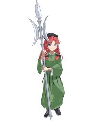 Rule 34 | 1girl, absurdres, alternate costume, black footwear, blue eyes, boots, braid, chinese clothes, highres, holding, holding polearm, holding weapon, hong meiling, long hair, polearm, radragrad, red hair, spear, touhou, twin braids, weapon