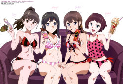 Rule 34 | &gt; &lt;, 10s, 4girls, :d, absurdres, azuma kentarou, bikini, black bikini, black hair, blue eyes, breasts, brown eyes, camisole, candy, character name, charm (object), chocolate, chocolate bar, cleavage, closed eyes, closed mouth, collarbone, couch, crossed legs, domino mask, food, food in mouth, frilled bikini, frills, front-tie bikini top, front-tie top, grey hair, grin, groin, hand up, happy, heart, high ponytail, highres, hip bones, hip focus, holding, holding another&#039;s arm, holding food, holding hands, holding mask, iwasaki shiho, kinumiya saki, knees together feet apart, legs together, light smile, lineup, long hair, looking at viewer, mask, medium breasts, midriff, mouth hold, multiple girls, narrow waist, navel, official art, on couch, oni, open mouth, parfait, pink bikini, pocky, polka dot, polka dot bikini, ponytail, purple hair, rainbow order, red bikini, scan, shimada mayu, short hair, side-tie bikini bottom, sidelocks, simple background, sitting, small breasts, smile, striped bikini, striped clothes, suzuki moka, swimsuit, transparent, unworn mask, vertical-striped bikini, vertical-striped clothes, wake up girls!, wake up girls! beyond the bottom, white background, white bikini