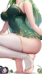 Rule 34 | 2girls, absurdres, anklet, bare shoulders, barefoot, breasts, ceres fauna, ceres fauna (1st costume), chibi, covered erect nipples, covered navel, dress, feet, frilled dress, frills, green dress, green nails, head out of frame, highres, hololive, hololive english, jewelry, large breasts, multiple girls, nail polish, nerissa ravencroft, off-shoulder dress, off shoulder, sapling (ceres fauna), short dress, simple background, single thighhigh, skindentation, solo focus, somebody (leiking00), strapless, strapless dress, thighhighs, thighs, tiptoes, toenail polish, toenails, toes, virtual youtuber, white background, white thighhighs