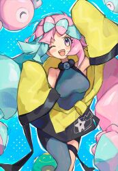 1girl absurdres asatte_3z bare_shoulders blue_hair blush bow-shaped_hair breasts character_hair_ornament creatures_(company) game_freak gen_1_pokemon grey_pantyhose hair_ornament highres iono_(pokemon) jacket long_hair long_sleeves low-tied_long_hair magnemite multicolored_hair nintendo one_eye_closed open_mouth oversized_clothes pantyhose pink_hair pokemon pokemon_sv sharp_teeth single_leg_pantyhose sleeveless sleeves_past_fingers sleeves_past_wrists smile solo split-color_hair teeth v-shaped_eyebrows very_long_sleeves x yellow_jacket