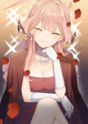 Rule 34 | 1girl, aru (blue archive), aru (dress) (blue archive), blue archive, blush, breasts, brown coat, brown horns, cleavage, coat, coat on shoulders, demon horns, dress, earrings, gloves, halo, highres, horns, jewelry, large breasts, long hair, looking at viewer, necklace, official alternate costume, open mouth, original-orange-610917, pink hair, pink halo, red dress, smile, solo, white gloves, yellow eyes