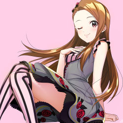 Rule 34 | 1girl, black dress, blush, brown hair, dress, feet out of frame, flower, forehead, hairband, highres, idolmaster, idolmaster (classic), idolmaster million live!, idolmaster million live! theater days, lips, long hair, looking at viewer, mikapoe, minase iori, one eye closed, pink background, red eyes, simple background, sitting, sleeveless, smile, solo, thighhighs, zettai ryouiki