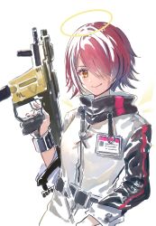 Rule 34 | 1girl, arknights, belt, black sleeves, bracer, closed mouth, commentary, energy wings, exusiai (arknights), gawako, gun, hair over one eye, halo, highres, holding, holding gun, holding weapon, id card, jacket, kriss vector, long sleeves, looking at viewer, one eye covered, orange eyes, red hair, short hair, simple background, sleeves rolled up, smile, solo, submachine gun, upper body, weapon, white background, white jacket