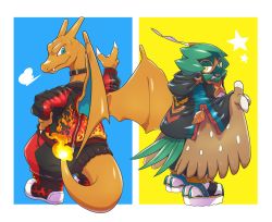 Rule 34 | border, charizard, claws, closed mouth, clothed pokemon, collar, commentary request, creatures (company), decidueye, fang, fang out, flame-tipped tail, game freak, gen 1 pokemon, gen 7 pokemon, green eyes, hand on own hip, hand up, highres, jacket, looking back, nintendo, no humans, pkpokopoko3, pokemon, pokemon (creature), smile, standing, star (symbol), white border, yellow eyes, zipper, zipper pull tab