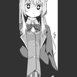 Rule 34 | 1girl, bow, bowtie, commentary, greyscale, happy sugar life, huxiao (mistlakefront), jacket, long hair, matsuzaka satou, monochrome, pillarboxed, pleated skirt, school uniform, signature, skirt, solo, striped bow, striped bowtie, striped clothes, striped skirt, upper body, vest