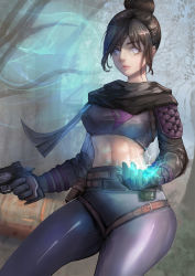 Rule 34 | 1girl, animification, apex legends, belt, belt pouch, black hair, black scarf, breasts, closed eyes, day, dreamkite, electricity, grey eyes, gun, hair bun, highres, midriff, outdoors, pouch, scarf, single hair bun, solo, standing, weapon, wraith (apex legends)