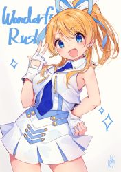 Rule 34 | &gt;:d, 1girl, ayase eli, blonde hair, blue eyes, blue necktie, cowboy shot, fingerless gloves, gloves, hair ribbon, hand on own hip, hatagaya, long hair, looking at viewer, love live!, love live! school idol project, necktie, ponytail, ribbon, simple background, sleeveless, solo, song name, sparkle, v, v-shaped eyebrows, white background, white gloves, wonderful rush