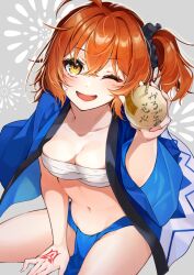 Rule 34 | 1girl, ahoge, breasts, cleavage, command spell, fate/grand order, fate (series), fujimaru ritsuka (female), ichino tomizuki, looking at viewer, medium breasts, one eye closed, one side up, open mouth, orange eyes, orange hair, short hair, sitting, smile, solo