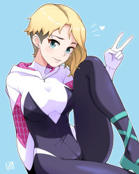 Rule 34 | 1girl, animification, artist logo, ballet slippers, blonde hair, blue background, blue eyes, blush, bodysuit, bowieknife, breasts, commentary request, gwen stacy, highres, hood, hooded bodysuit, looking at viewer, marvel, short hair, smile, solo, spider-gwen, spider-man: into the spider-verse, spider-man (series), spider-verse, spider web print, superhero costume, v