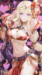 Rule 34 | 1girl, absurdres, age fx, arm behind head, arm up, armlet, armpits, bare shoulders, belly chain, bikini, blonde hair, blush, bracelet, bracer, braid, braided ponytail, breasts, brooch, circlet, cleavage, detached sleeves, elf, fire hair ornament, hair ornament, heart, heart-shaped pupils, highres, hypnosis, jewelry, large breasts, long hair, looking at viewer, mind control, navel, neck ring, o-ring, official alternate costume, orange bikini, pointy ears, princess connect!, purple eyes, saren (princess connect!), saren (sarasaria) (princess connect!), sarong, sidelocks, smile, solo, swimsuit, symbol-shaped pupils, thighs, variant set