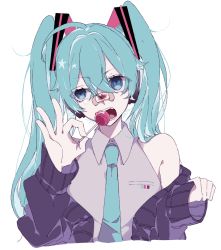 Rule 34 | 1girl, armpit crease, bandaid, bandaid on face, bandaid on nose, bare shoulders, biting, black jacket, blood, blood stain, blue eyes, blue hair, blue necktie, candy, collared shirt, cropped torso, crying, crying with eyes open, eating, eiku, expressionless, eyelashes, facing viewer, flat chest, food, grey shirt, hair between eyes, hand up, hatsune miku, head tilt, headset, jacket, unworn jacket, lollipop, long hair, looking to the side, necktie, open clothes, open jacket, shirt, sidelocks, simple background, sleeveless, sleeveless shirt, solo, star (symbol), tareme, tears, teeth, twintails, vocaloid, white background