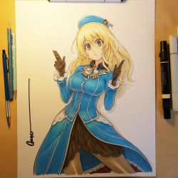 Rule 34 | 10s, 1girl, art tools in frame, atago (kancolle), beret, black gloves, blonde hair, breasts, commentary, commission, cowboy shot, double finger gun, female focus, finger gun, gloves, green eyes, hat, highres, kantai collection, large breasts, long hair, looking at viewer, marker (medium), military, military uniform, omar dogan, pantyhose, photo (medium), showgirl skirt, solo, traditional media, uniform