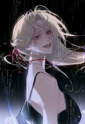 Rule 34 | 1girl, absurdres, blonde hair, crying, crying with eyes open, grin, highres, long hair, night, original, outdoors, rain, red eyes, smile, solo, tears, upper body, volff