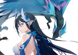 Rule 34 | 1girl, absurdres, black hair, blue eyes, blue ribbon, breasts, choker, copyright request, creature, earrings, hair ornament, highres, jewelry, long hair, looking at viewer, looking back, medium breasts, parted lips, pink ribbon, pointy ears, ribbon, ribbon choker, solo, strapless, su ran (bilibili 18604428), upper body, white background