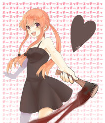 Rule 34 | 1girl, axe, bad id, bad pixiv id, bare shoulders, blood, blush, bow, breasts, dress, gasai yuno, hair bow, hatchet, hatchet (axe), heart, konbu ame, long hair, mirai nikki, open mouth, pink eyes, pink hair, smile, solo, twintails, weapon, yandere