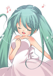 Rule 34 | 1girl, aqua hair, bad id, bad pixiv id, closed eyes, dress, hand on another&#039;s chest, hand on own chest, hatsune miku, long hair, musical note, ryuuga sazanami, simple background, solo, twintails, vocaloid