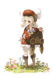 Rule 34 | 1girl, 57friend, absurdres, ahoge, backpack, bag, blonde hair, bloomers, blue flower, boots, brown footwear, brown gloves, dated, dress, flower, genshin impact, gloves, grass, hair between eyes, hat, hat feather, highres, klee (genshin impact), long sleeves, low twintails, no mouth, pink flower, pointy ears, purple flower, red dress, red eyes, red flower, red hat, sidelocks, simple background, solo, standing, twintails, underwear, vision (genshin impact), white background, white flower, yellow flower
