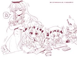 Rule 34 | 4girls, anger vein, betei, bow, crescent, crescent hair ornament, crossed arms, flandre scarlet, hair bow, hair ornament, hat, hat bow, kamishirasawa keine, long hair, mob cap, monochrome, multiple girls, patchouli knowledge, remilia scarlet, spoken anger vein, studying, touhou