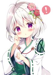 Rule 34 | !, antenna hair, azumi kazuki, blush, bow, commentary request, flower, green bow, green hakama, hair between eyes, hair flower, hair ornament, hakama, hakama skirt, hand up, highres, japanese clothes, kimono, kokkoro (new year) (princess connect!), kokkoro (princess connect!), long sleeves, looking at viewer, miko, parted lips, pink flower, princess connect!, purple eyes, red flower, ribbon trim, silver hair, simple background, skirt, solo, spoken exclamation mark, white background, white flower, white kimono, wide sleeves