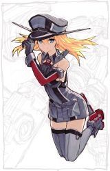 Rule 34 | 1girl, air qh, armor, bad id, bad twitter id, bare shoulders, bismarck (kancolle), blonde hair, blue eyes, breastplate, detached sleeves, full body, gloves, hat, highres, kantai collection, long hair, looking at viewer, military, military hat, military uniform, peaked cap, solo, split mouth, thighhighs, uniform