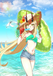 Rule 34 | 1girl, absurdres, beach, blonde hair, eating, fate/grand order, fate (series), flower, food, food in mouth, hat, highres, holding, holding swim ring, horns, ibaraki douji (fate), ice cream, innertube, legs, looking at viewer, monster girl, navel, oni, pointy ears, popsicle, popsicle in mouth, shoui, slit pupils, sun, swim ring, swimsuit, tagme, tattoo, water, yellow eyes