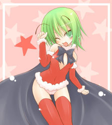 Rule 34 | 1girl, antennae, bow, breasts, cape, christmas, female focus, green eyes, green hair, matching hair/eyes, nikubanare, one eye closed, open mouth, panties, santa costume, short hair, small breasts, solo, striped clothes, striped panties, thighhighs, touhou, underwear, wink, wriggle nightbug