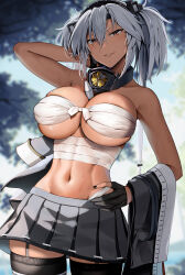 Rule 34 | 1girl, absurdres, between breasts, black garter straps, black gloves, black nails, black thighhighs, blurry, blurry background, breasts, budget sarashi, chest sarashi, commentary request, dark-skinned female, dark skin, garter straps, gloves, grey hair, grey skirt, hair between eyes, highres, jacket, jacket on arm, kantai collection, large breasts, long hair, looking at viewer, low twintails, miniskirt, musashi (kancolle), navel, parted lips, partially fingerless gloves, pleated skirt, red eyes, sarashi, semi-rimless eyewear, skirt, smile, solo, sweat, thighhighs, twintails, two side up, type 1 ap shell, unworn jacket, yunamaro