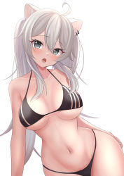 Rule 34 | 1girl, 9696k, absurdres, adapted costume, ahoge, animal ear fluff, animal ears, bikini, black bikini, blush, breasts, cleavage, collarbone, commentary, cowboy shot, ear piercing, fang, grey eyes, grey hair, highres, hololive, lion ears, lion girl, long hair, looking at viewer, medium breasts, navel, open mouth, piercing, shishiro botan, sidelocks, simple background, skin fang, solo, stomach, string bikini, striped, swimsuit, twintails, vertical stripes, virtual youtuber, white background