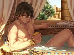 Rule 34 | 1boy, bathing, bracelet, brown hair, cup, dagger, dark-skinned male, dark skin, earrings, fate/prototype, fate/prototype: fragments of blue and silver, fate (series), glint, gold, gold earrings, gold trim, hair between eyes, jewelry, unworn jewelry, knife, lalatia-meai, long hair, looking at viewer, male focus, messy hair, middle eastern architecture, muscular, necklace, unworn necklace, nipples, nude, open mouth, ozymandias (fate), pectorals, plant, ring, solo, water, weapon, wet, yellow eyes