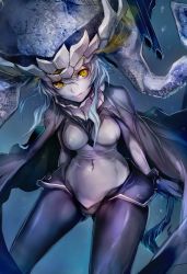 Rule 34 | 10s, 1girl, abyssal ship, bodysuit, breasts, cape, covered navel, female focus, gloves, hat, highres, kantai collection, large breasts, light trail, looking at viewer, monster girl, navel, pale skin, silver hair, solo, taishi (picchiridou), tentacles, wo-class aircraft carrier, yellow eyes