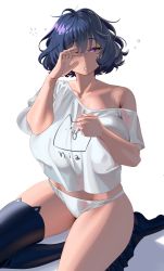 Rule 34 | 1girl, absurdres, black hair, black thighhighs, breasts, character request, copyright request, enta (nia), hand over eye, highres, huge breasts, looking at viewer, nia (nia4294), off-shoulder shirt, off shoulder, panties, print shirt, purple eyes, shadow, shirt, short hair, simple background, solo, thighhighs, underwear, white background, white panties, white shirt