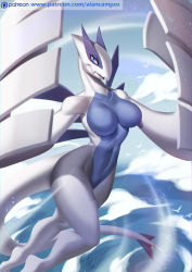 Rule 34 | 1girl, 2017, alan campos, artist name, blue eyes, blue sky, breasts, cloud, collarbone, creatures (company), dated, fang, female focus, furry, furry female, game freak, gen 2 pokemon, half-closed eyes, hands up, highres, large breasts, legendary pokemon, logo, looking to the side, lugia, navel, nintendo, no nipples, nude, ocean, open mouth, outdoors, patreon, pokemon, pokemon (creature), pokemon gsc, signature, sky, smile, solo, tail, teeth, text focus, water, watermark, web address, wings